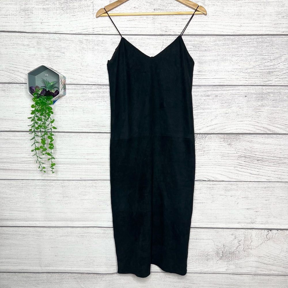 Vintage Ambria Black Lamb Suede Spaghetti Strap Midi Dress Size Medium